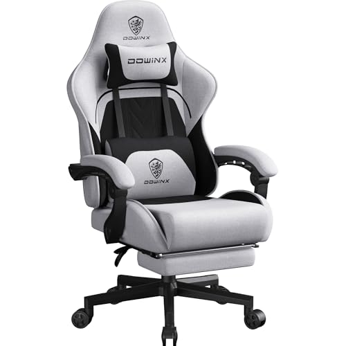 Image of Dowinx Gaming Chair Fabric Big and Tall with Pocket Spring Cushion, Massage Game Chair Cloth with Headrest, Ergonomic Computer Chair with Footrest 350LBS, Black Grey
