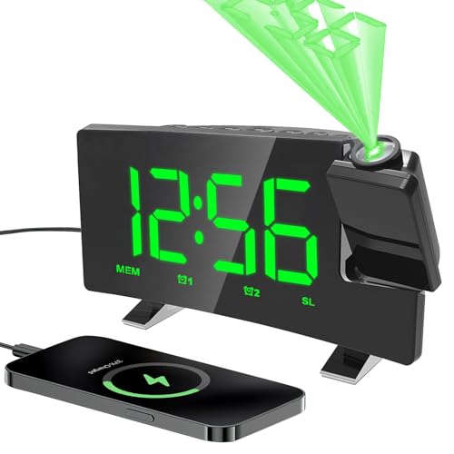 GHDVOP 目覚まし時計 LEDデジタル投影時計 置き時計 7インチ大画面 見やすい 天井投影 時計 180°回転投影 オシャレ 自動調光 4段階明るさ調整 FMラジオ 12H/24H時間表示 アラーム/スヌーズ機能 夜間ライト付 携帯充電可 記憶機能 USB給電 簡単設置 ホーム オフィス インテリア ギフト 日本語説明書付き (グリーン)