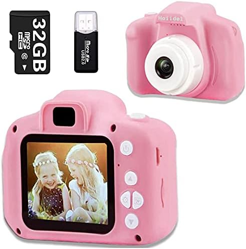 Hoiidel Kids Camera, Birthday Christmas Holiday Kids Gifts for 3-12 Age Girls Boys Toys, 2 Inch 1080P Rechargeable Action Camera with 32GB SD Card，Reader Card (Pink(Carder Reader))