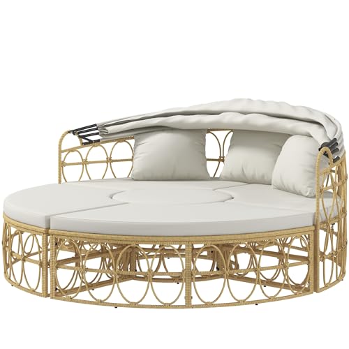 Outsunny Sonneninsel, 4-TLG. Muschel Gartenmöbel-Set mit klappbarem Verdeck, Zweisitzer, Bank, Couchtisch, Gartenlounge Set, Sitzgruppe für Outdoor, Creme