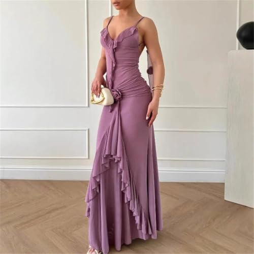 Women Draped Slim Party Sexy V-Neck Ruffle Chiffon Elegant Sleeveless Hight Waist Solid Long Dress2
