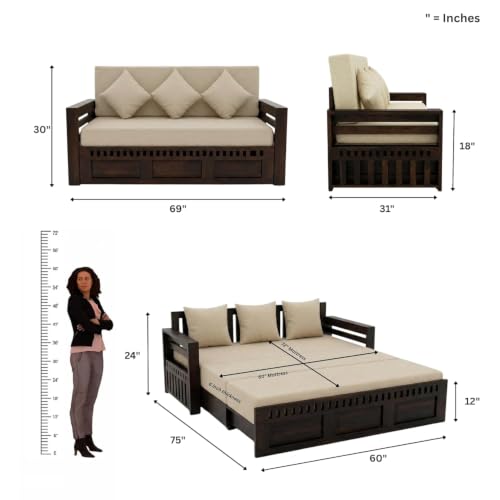 Image of SONA ART & CRAFTS Kuber Sheesham Wood Sofa Cum Bed with Bedside | 3 Seater with Storage and Side Pockets for Living Room Organizer Furniture Sofa Bed Home, Bedroom (Walnut Finish)