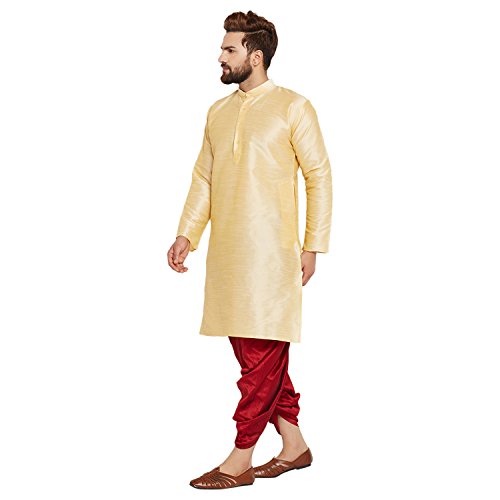 Image of SOJANYA (Since 1958 Men's Off-White and Gold Dupion Silk Dhoti Kurta Set