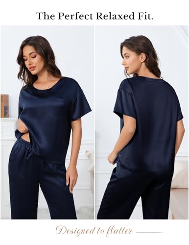 Image of THXSILK Mulberry Silk Womens Pajama Set with Pocket, 2 Piece Lounge Sets for Women, Short Sleeve Sleepwear