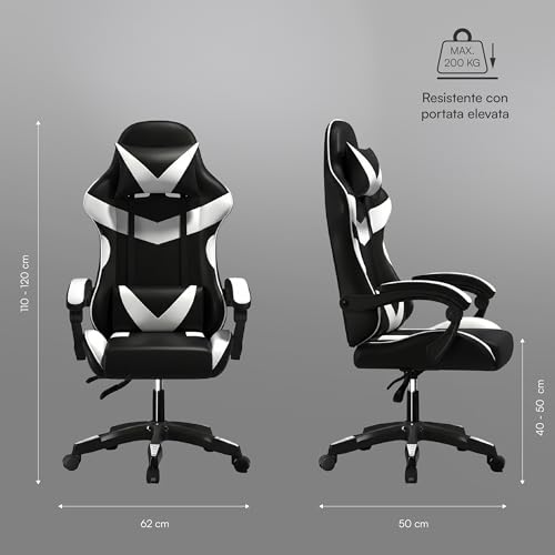 Baroni Home Sedia Gaming Con Schienale Ergonomico Inclinabile E Altezza Regolabile, Sedia Ufficio Con Supporto Lombare, Poggiatesta Imbottito, 50X62X110-120 Cm, Nera E Bianca - 3