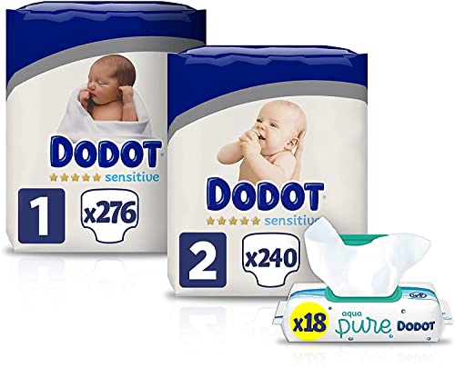Dodot Pañales Bebé Sensitive Talla 1 (2-5 kg), 276 Pañales + Talla 2 (4-8 kg), 240 Pañales + Toallitas Aqua Pure, 18 Paquetes (18x48), Máxima Protección de la Piel de Dodot