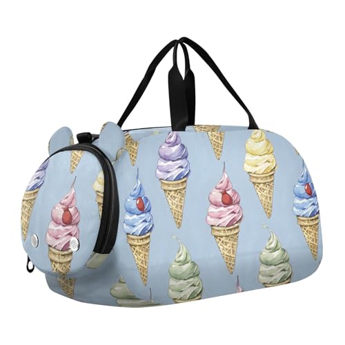 Duffle Bag for Boys or Girls with Shoes Compartment, Blue Background Multi Flavor Ice Cream Pattern Sports Travel Bag Overnight