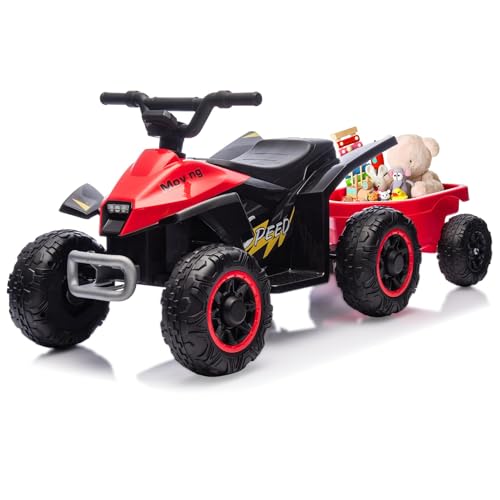 Bobike Kids Ride On Toys,6V Kids ATV Quad with Trailer for Toddlers 3 Year Old+, Electric Ride-On Car w/Wear-Resistant Tires,Music, Forward & Backward for Outdoor Play (red)