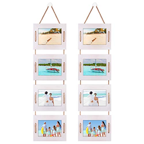 DLQuarts Hanging Picture Photo Frames 4-Frame Collage 5x7 Without Mat & 3.5x5 with Mat, Rustic Wood Vintage White 2 Pack