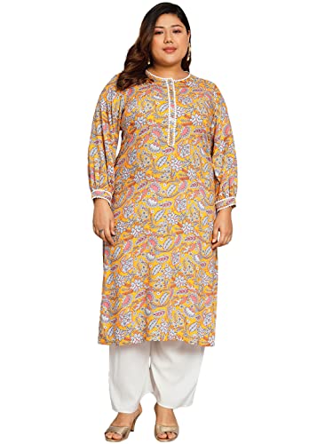 Tissu Women's Plus Size Yellow & Pink Printed Kurta with Palazzo