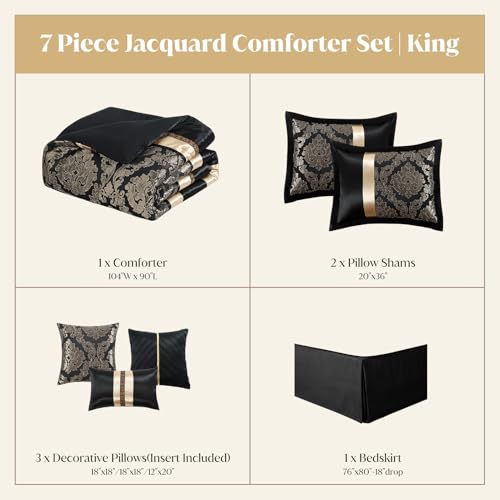 Image of CozyDH Black and Gold Jacquard Comforter Set King - 7 Piece Luxury Damask Medallion Patchwork Bed in a Bag, All Season Down Alternative Bedding with Bed Skirt, Shams, Decorative Pillows, 104x90 in