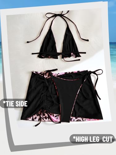 Image of ShawGobow Womens 3 Piece Leopard Bikini Set,Triangle String High Cut Thong Sexy Swimsuit & Coverup Skirt,Pool Party Outfit