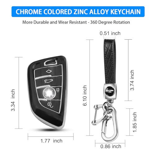 Image of QBUC for BMW Key Fob Cover with Leather Keychain | for BMW 2 5 6 7 Series X1 X2 X3 X5 X6 X7 Premium Soft TPU Key Fob Holder (1-Black)