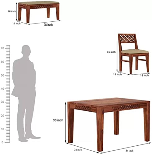 Image of MURALICRAFT Solid Sheesham Wood Square Dining Table 4 Seater | Four Seater Dinning Table with 2 Cushioned Chairs & Cushioned Bench for Home | Dinner Table Dining Room Sets for Restaurants, Honey Brown