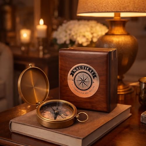 Brújula marina antigua de latón con caja de madera 2 pulgadas miniatura 5