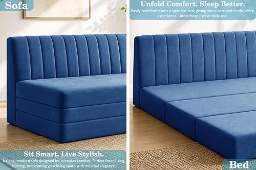 Image of 3-Seater Foldable Floor Sofa Bed with, Modern Velvet Fabric Folding Couch for Living Room, Guest Room & Small Spaces-Blue