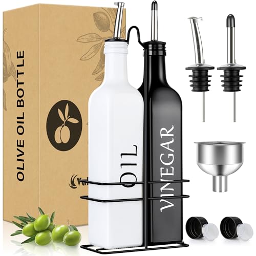 Vakoo Oil and Vinegar Dispenser Set - 17oz/500ml, Extra Thick Glass, Leak-Proof, Olive Oil Dispenser Bottle for Kitchen (White Black)