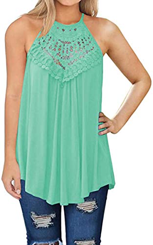ECOWISH Womens Halter Neck Lace Patchwork Shirts Backless Flowy Tunic Tank Top Sleeveless Casual Tops 074 LightGreen Medium