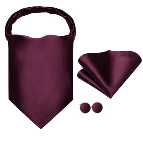 Image of Hi-Tie Silk Ascot for Men Self Tie Men's Cravat and Flower Lapel Pin Handkerchief Cufflinks Set for Wedding Party