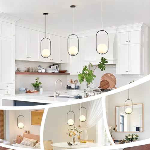Image of Modern Black Pendant Light, Bedside Matte Pendant Lights with White Glass Shade, Large Globe Ceiling Light for Kitchen Island Bedroom