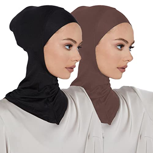 Image of LMVERNA 2 Pieces Modal Hijab Cap Adjustable Muslim Stretchy Turban Full Cover Shawl Undercap Full Neck Coverage for Women
