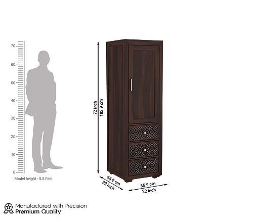Image of Sheesham Wood Wooden Single Door Wardrobe Organizer for Clothes | - Solid Wood Almirah with 3 Drawers, 3 Shelves - Cupboard for Large Bedroom (Design 13)