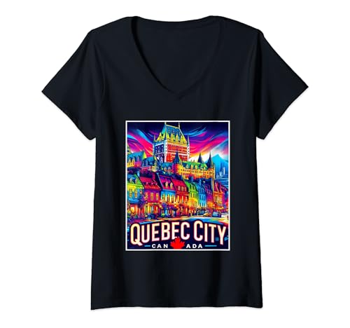 Mujer Quebec City Canadá Familia Viaje 80s 90s Retro City Skyline Camiseta Cuello V