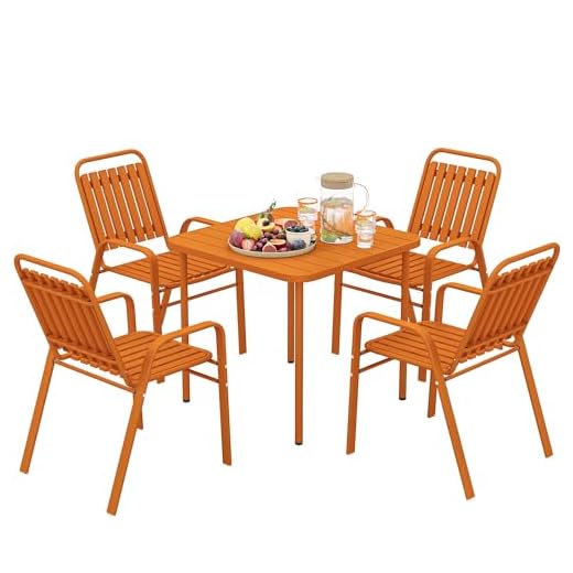 Outsunny Salon de Jardin extérieur 5 pièces, Table de Jardin extérieure avec 4 chaises empilables, Plateau à Lattes 80 cm, Structure en Acier Anti-Rouille, mobilier de Jardin, terrasse, Patio, Orange