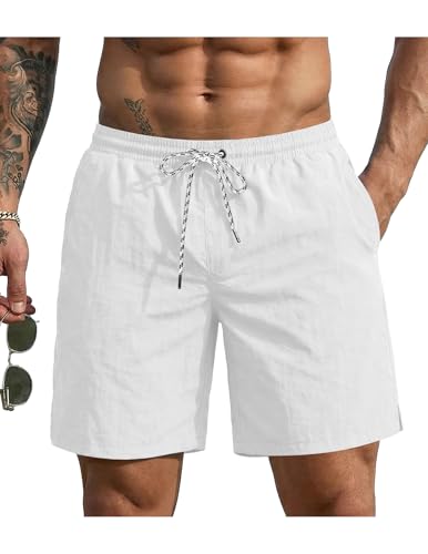 Ekouaer Mens Swim Trunks 7 Inch Quick Dry Board Shorts Swimwear Bathing Suits with Mesh Liner 2 in 1 Surf Swimming Short with Pockets White Large