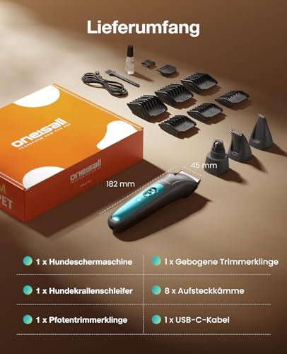 oneisall 4in1 Leise Schermaschine Hund Katze mit LED-Licht, Tierhaarpflege zum Hundeschermaschine & Pfotentrimmer & Krallenschleifer, 2000mAh Wiederaufladbar Hundehaarschneidemaschine