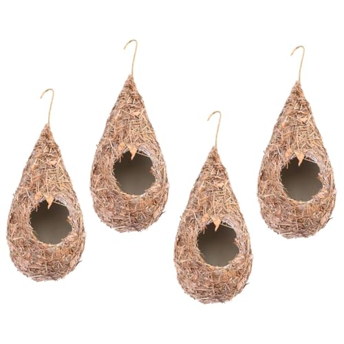 TOYANDONA 4 Pièces Nid Oiseaux Suspendu Paille Tressée Naturelle Habitat Confortable pour Petits Oiseaux Style Rustique avec Ventilation et Drainage pour Balcon et Jardin