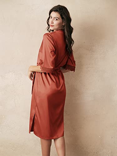 Aw Brdial Burnt Orange Silk Robes For Women Bride Robe For Wedding Day Long Bridesmaid Robes Satin Robe With Lace Trim Sleepwear, Burant Orange Xl #TOP1