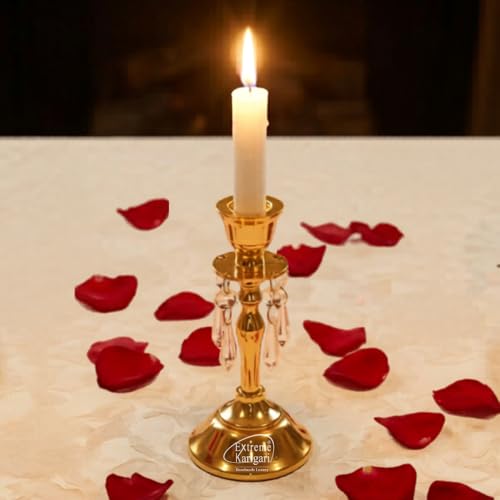 Image of Aluminum Gold Plated Vinatge Candle Stand Holder Crystal Hanging for Home Decor, Dining Table Centerpiece Decoration, 6.75inch