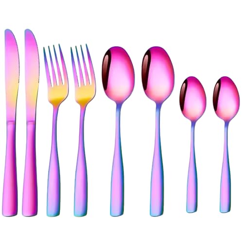 Image of aDai Rainbow Silverware Set, Satin Finish | 8-Piece Stainless Steel Flatware Set | Dishwasher Safe Kitchen Cutlery for Home, Restaurant & Gifting