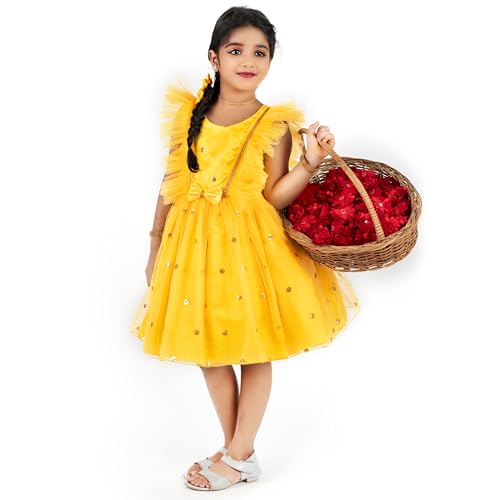 Image of Stanwells Kids Dress for Girls Bow Shade Sequins Embroider Knee Length Frock for Baby Girls Silk Birthday Perfect Dress Frock