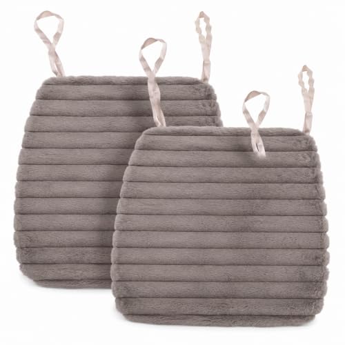 Image of Amazon Brand - Umi Grey Faux Fur Chair Seat Cushions, 16x16 Inch Solid Fluffy Dining Chair Pads with Ties, Foam-Filled Modern Neutral Kitchen Chair Pads, Set of 2