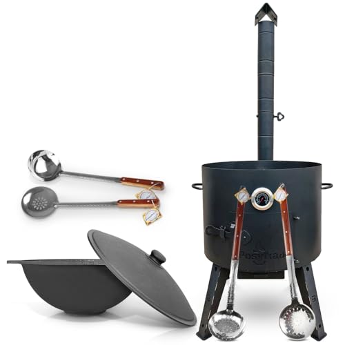 Utschak - Hornillo de hierro fundido con tapa (22 L) KazanoFF, Учаг, Kazan Outdoor Brasero, Camping, Kazan, Cañón de goulash Holandés (Set 22F-2)