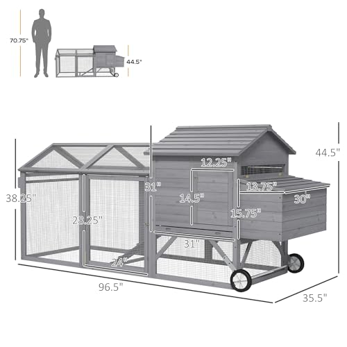 Image of PawHut 96.5 inch Chicken Coop Wooden Hen House Poultry Cage Pen Portable with Wheels and Nesting Box, Chicken Cage for Backyard Outdoor, Gray