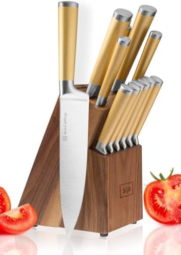 Gold Knife Set with Walnut Block – 13-Piece Full Tang Stainless S...