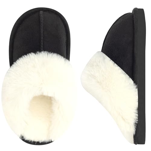 GIWONET Kids Slippers Girls Boys Faux Fur House Slippers Fuzzy Indoor Shoes Warm Memory Foam Soft Plush Bedroom Slides,Black
