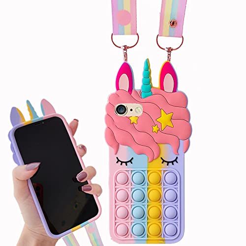 iPhone 6 Plus iPhone 6S Plus Unicorn Case 5.5 inch, 3D Cartoon Cute Silicone Bubble Bumper Cover, Animated Stylish Bubble Pressed Case to Decompress with Strap for Kids Child Teens Girls (Colorful)