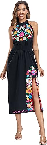 YZXDORWJ Women's Mexican Floral Embroidered Halter Neck Split Sleeveless Ruffle Party Long Dresses4