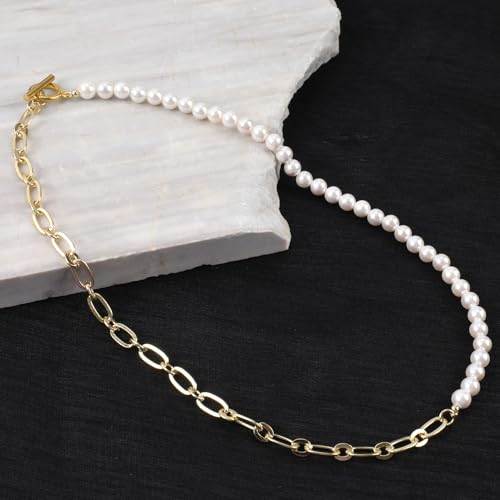 Pearl Necklace for Women Girls, Paper Clip Half Link Cross Disco Ball Pearl Chain Necklaces, Pearl Choker Chunky Necklace Dainty Pearl Chain OT Necklace Fashion Trendy Jewelry Birthday Gifts for Her4