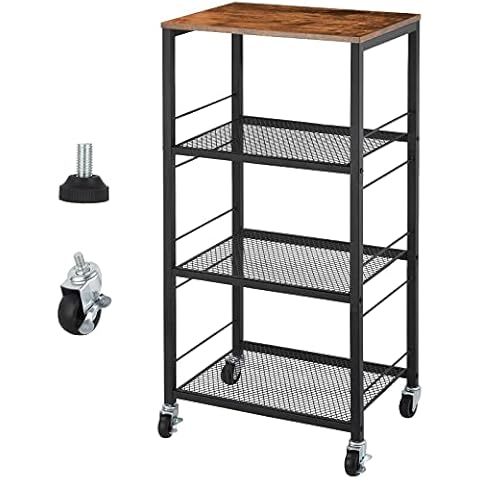 YBING Kitchen Cart on Wheels Rolling Kitchen Island Carts with Wheels and Storage 4-Tier Farmhouse Serving Cart Stand with Wood Tabletop for Living Room Bathroom, Brown Cover