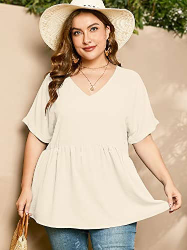 Auslook Plus Size Womens Summer Tops Ivory 4X Tunic Short Sleeve Blouses V Neck Clothing Pleated Tee Ladies Clothes Flowy Dressy Casual Loose Fit Outfits Maternity T Shirts Wear With Leggings #TOP2