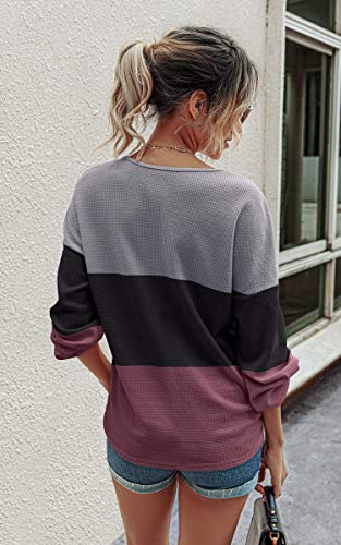 CinShein Women's Waffle Long Sleeve T Shirt V Neck Tunic Tops Knit Button Up Casual Fall Loose Blouse Shirts Pullover X-Large Black