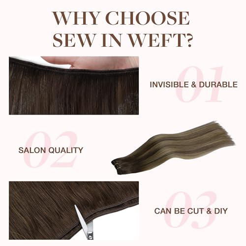 Image of GOO GOO Sew in Hair Extensions Real Human Hair, Weft Hair Extensions Human Hair, 4 /26 /4 Balayage Chocolate Brown to Honey Blonde 14inch 100g, Weft Bundles Straight Silky Remy Hair