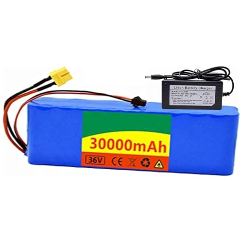 HTDRE Batería de Litio para Bicicleta eléctrica, 36 V, 30 Ah, 10S2P, para Scooter eléctrico, con Cargador Impermeable, para Motores XT60 de 100 W, 200 W, 350 W, 400 W, 500 W, 750 W y 800 W.