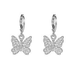 Rhinestone Butterfly Drop Hoop Earrings-Silver