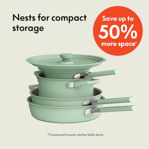 Image of bella 9 Piece Ceramic Nonstick Cookware Set, Fits-anywhere Kitchenware w EverGood Coating, Dishwasher & Oven Safe, All Stovetops Compatible, Stackable Design, Cool Touch Handles, Seaglass